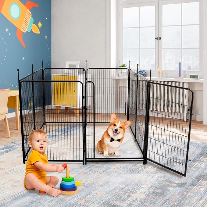 32 in(H) Garden Fence, 4 Panels Total 8.9 Ft(L), 21 in Wide Low Threshold Gate, Temporary Fence for Dogs Outdoor, Fencing for Garden Beds, Heavy Duty Metal Dog Fences, Animal Barrier Fences