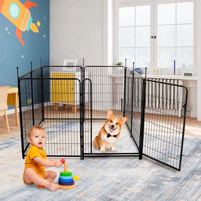 Tall Garden Fence Animal Barrier, 54 in(H) Dog Fence Outdoor for Yard, 10 Panels Total 22.1 Ft(L) Garden Fencing, 21 in Wide Low Threshold Gate Outdoor Dog Fence, Temporary Fences for Dogs