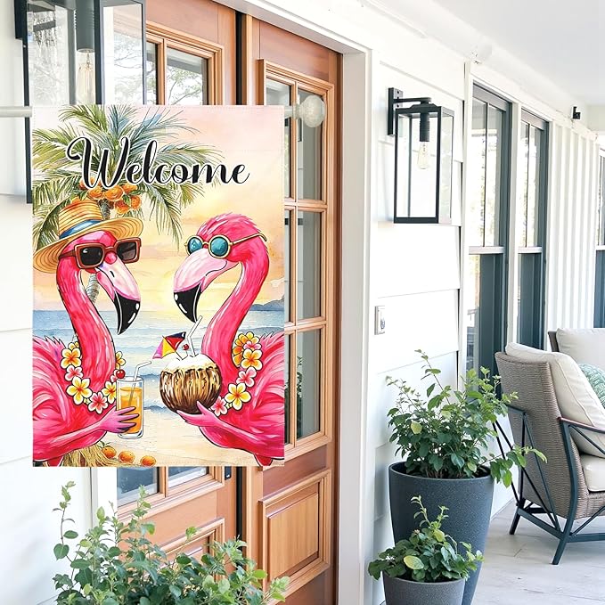 Welcome Garden Flag Flamingo Tropical Beach Scene Yard Flags Summer Coastal Island Double Sided Polyester Pink Flamingo House Flags for Lawn Pool Palm Tree Seaside Home Decor 28 x 40 Inch
