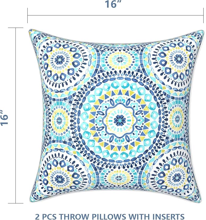 LVTXIII Outdoor Throw Pillows Set of 2, Patio Waterproof Pillows Fade Resistant Accent Pillows for Home and Garden Furniture Decoration, 16x16 Inch, Delancey Baltic