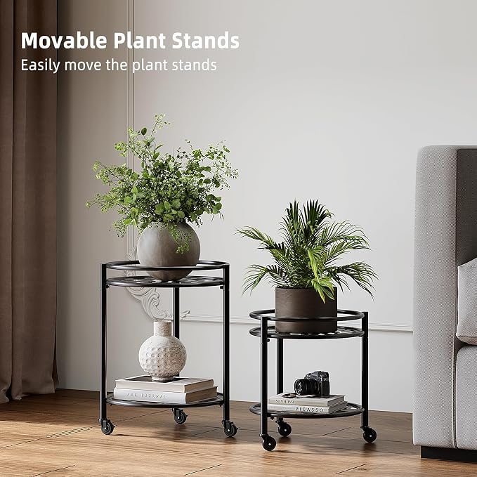 2 Tier Heavy Duty Rolling Plant Stand – 150 lbs Capacity Flower Pot Holder with Wheels for Indoor & Outdoor, Easy Move Cart for Balcony, Patio, Garden, 2 Pack Black