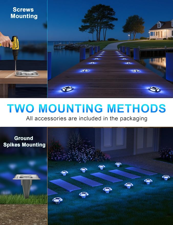VOLISUN Solar Driveway & Deck Lights 8 Pack Waterproof Dock & Marine Ground Lights,2-in-1 Blue & White LED,Solar Marker for Pathways,Steps,and Warning Signs,Auto On/Off