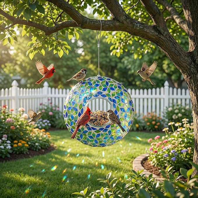 DUSVALLY 9 Inch Fly Through Bird Feeder for Wild Birds, Colored Glass Mosaic Outdoor Hanging Feeder - Squirrel Proof Design, Easy Clean, Weather Resistant for Garden Patio Hummingbirds Finches