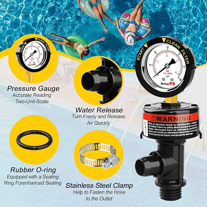 Manual Pool Filter Air Relief Valve,98209800 Air Relief Manual Valve Assembly with Water-Proof Stainless Steel Pressure Gauge,High Flow,Replacement for Pool and Spa Filter