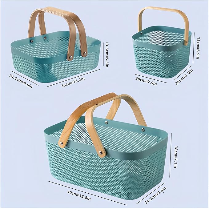 3pcs Collapsible Wooden Handle Plastic Harvest Basket - Rectangular Garden Storage Basket for Picking and Collecting Vegetables, Fruits - Ideal for Garden Cabinets & Outdoor Use(Blue)