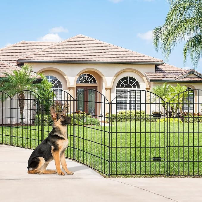 FOREHOGAR Metal Garden Fence with Gate 42in (H) x 23.3ft (L), 1 Gate+ 9 Panels Dog Fence Border Fence Animal Barrier, No Dig Garden Fencing for Yard Flower Bed Lawn Patio Outdoor, ECG4210, Black