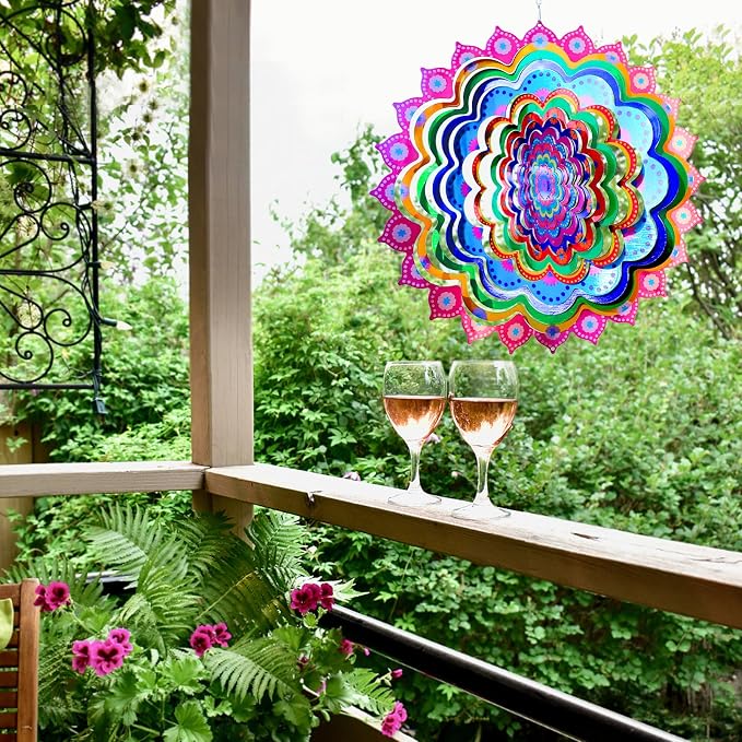 Wind Spinner, Gazing Ball Spiral Tail, Wind Spinners Stabilizer, Decorative Hanging Decor, Garden Decorations, Indoor Outdoor Décor Rotating Art Ornament Gift (Mandala Hibiscus)