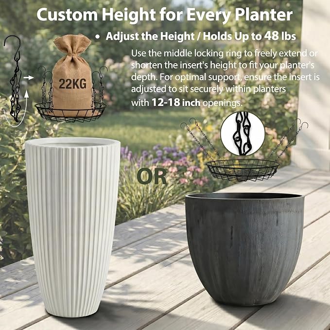 Adjustable Plant Risers for Large Tall Pots, 12-18" Planter Insert, False Bottom Pot Filler with 4 Hooks & Chains, Holds 48 lbs Rustproof Soil Saver for Indoor Outdoor Planters (2Pack, Black)