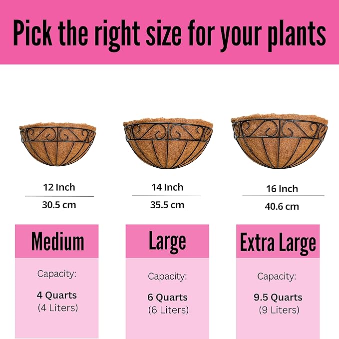 LaLaGreen Bundle- 2 Pack, 16 Inch Metal Basket with Coco Liner + 2 Pack, 16 Inch Half Round Coco Liner Insert Replacement Window Hanging Flower Pot Outdoor Plants Holder Rail Fence Balcony Porch Decor
