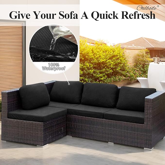 CALBODE 8Pcs Outdoor Stretch Cushion Covers,Waterproof Outdoor Chair Cushion Covers for Patio Furniture, Washable Jacquard Couch Covers Replacement for Patio Furniture(Black, Cover Only)