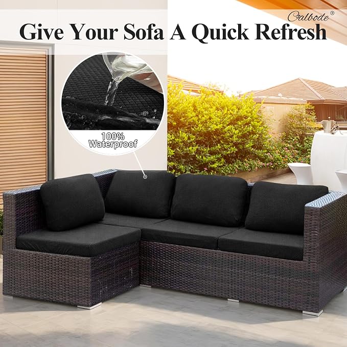 CALBODE 14Pcs Outdoor Stretch Cushion Covers,Waterproof Outdoor Chair Cushion Covers for Patio Furniture, Washable Jacquard Couch Covers Replacement for Patio Furniture(Black, Cover Only)