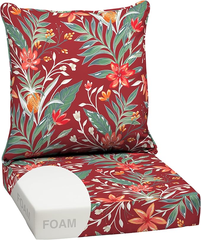 Arden earthFIBER Outdoor Foam Deep Seat Cushion Set, 24x24, Premium High-Density Foam, Never Flattens, Weather-Proof for Patio Chair Sofa Couch, Luau Red Tropical Floral