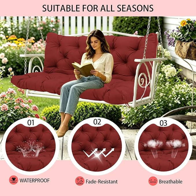 5 Inch Thick Waterproof Patio Porch Swing Cushions, 60x40 Inch 3 Seater Replacement Cushion with Backrest & 8 Ties, Fade-Resistant Outdoor Bench Swing Pad