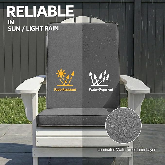 Adirondack Chair Cushions Set of 2 - Removable Covers, Water-Repellent & Fade-Resistant Faux Linen, Securing Straps, Non-Slip Bottom, Fit for Most Outdoor Adirondack & Rocking Chairs - Dark Grey