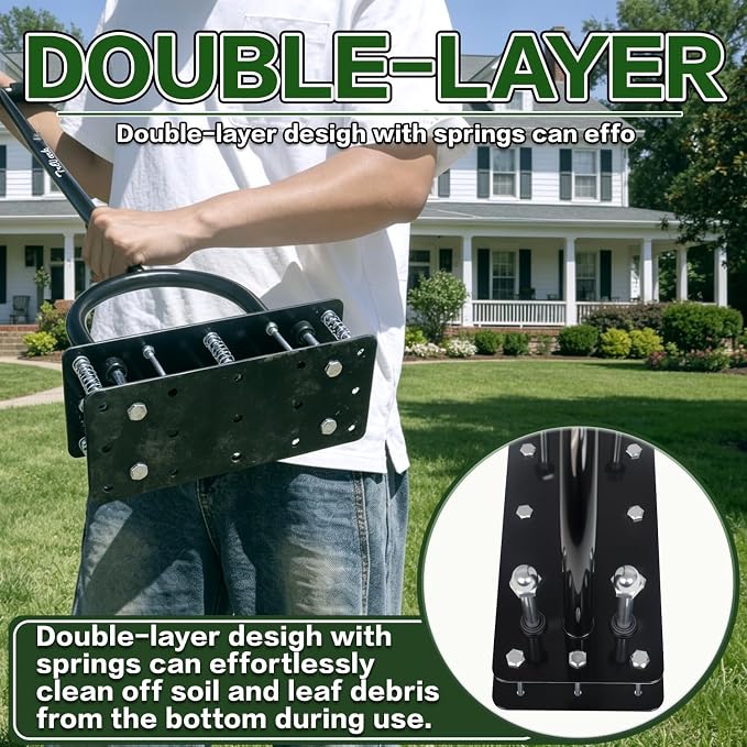Lawn Aerator, Automatic Dirt and Leaf Clean Design, Heavy Duty Manual Lawn Aerator Tool with 15 Iron Spikes, Height Adjustable, Yard Grass Aerator for Lawn.