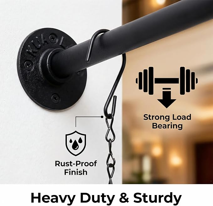 2 Pack Black Metal Pipe Plant Hanger Indoor with Hanging Chains, Industrial Window and Wall Mounted Hanging Rod Planter for Plants, Pot/Plant Not Included