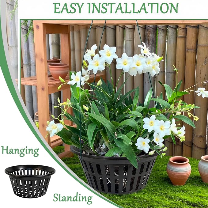 5 Pack 11 Inch Heavy Duty Hydroponic Net Pots, Black Strong Plastic Slotted Mesh Baskets for Orchids, Staghorn Ferns and Airy Grid Planters, with Support Wire