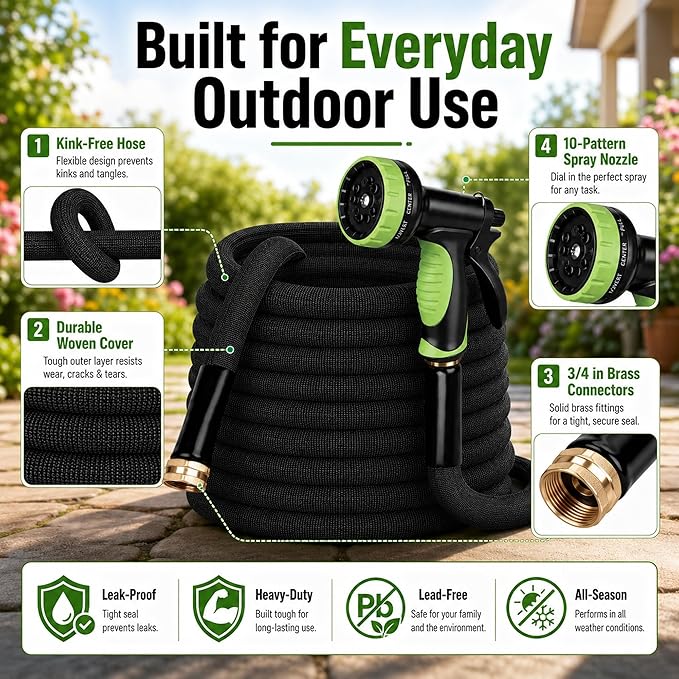 Garden Hose 50FT, NON-EXPANDABLE Flexible Water Hose, Lightweight, Kink-Free, High-pressure Hose Male to Female Fittings for Watering Plants, Washing Cars, Cleaning Patios and Bathing Pets.