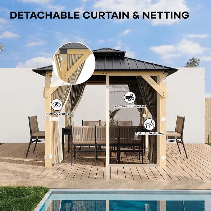 10x10 ft Wood Gazebo, Upgrade Spruce Frame and Double Galvanized Steel Roof, Hardtop Gazebo