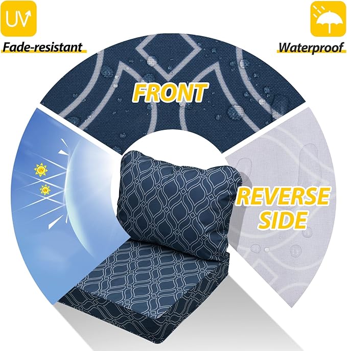AAAAAcessories Outdoor Seat Cushions for Chairs, Fade-Resistant, Waterproof Patio Furniture Replacement Cushions, 23.5" x 25.5" x 5" + 23.5" x 19", Slate Blue Vine Trellis