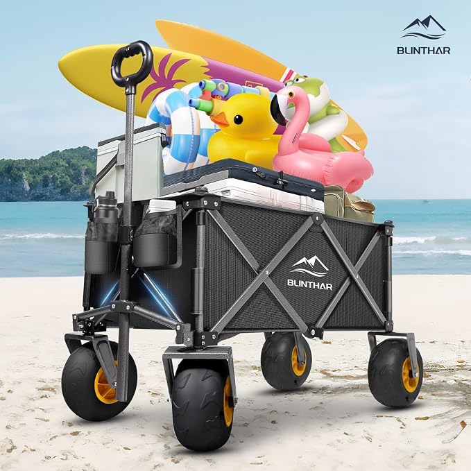 Beach Wagon with Big Wheels for Sand, Heavy Duty Harder Sand Collapsible Folding Wagon with All-Terrain 9" Pneumatic Ballon Tires, Utility Wagon for Garden Sports Camping Outdoor Activities