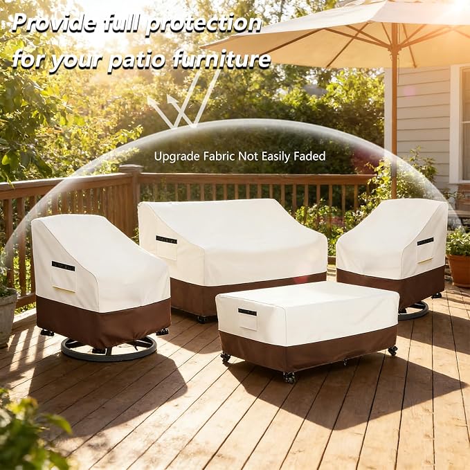 Patio Furniture Covers 4 Piece Set, 600D Heavy Duty Outdoor Furniture Covers Waterproof for Patio Loveseat,Swivel Rocker Chair and Coffee Table Furniture Set,Beige & Brown