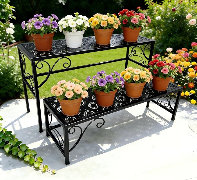 2 Tier Metal Plant Stand, Ladder Flower Pot Holder Plant Stands, Stackable Heavy Duty Tall Plant Shelf Flower Pot Holder for Patio Garden Corner Balcony Living Room (2 Tier H16.3 In-Black)