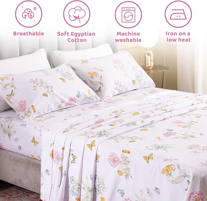 QSH Floral Queen Size Sheet Sets - Flower Butterfly Print Pattern Egyptian Cotton Printed Bedding Sheets Queen Size Bed Extra Soft and Breathable 4pcs Deep Pockets Bed Sheets