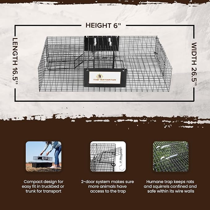 Rugged Ranch Ratinator Live Rat and Mouse Trap Cage, Humane Multi Catch Rodent Control - Indoor or Outdoor Large Metal Wire Catcher with Dual Door for Rats and Mice