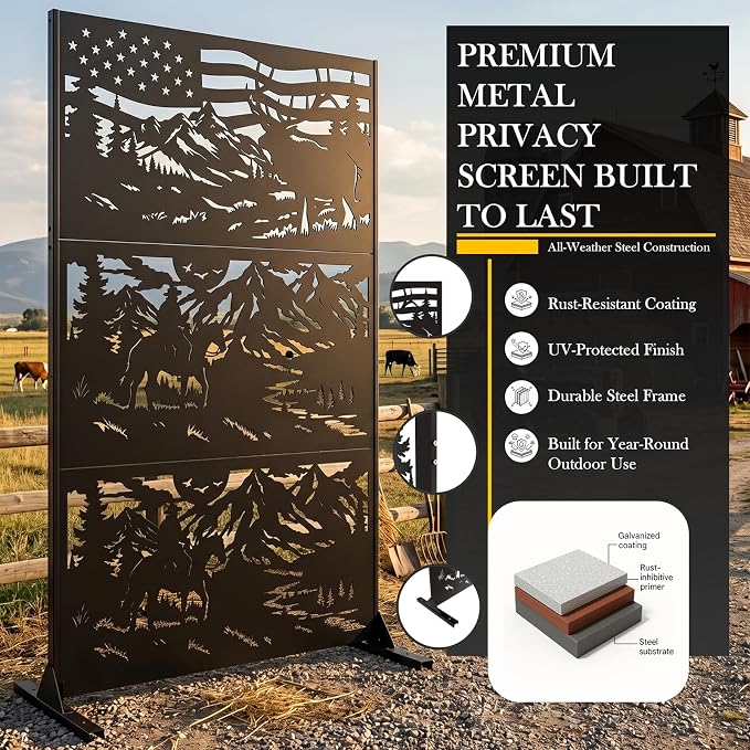 72" H Metal Outdoor Privacy Screen, Western Ranch American Flag Panel | Outdoor Privacy Panels for Balcony, Patio & Backyard, Freestanding Decorative Privacy Panel