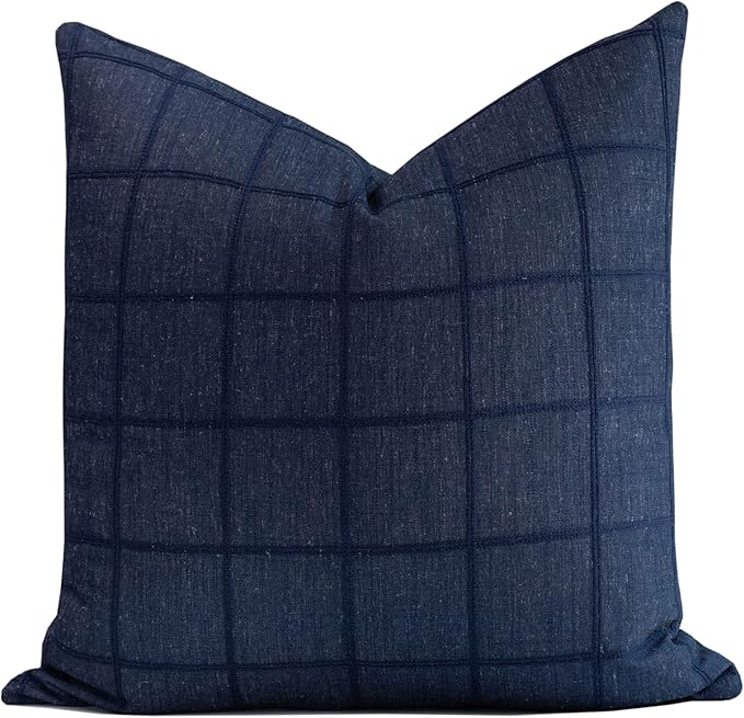Crumbs Home Coastal Linen Indoor Outdoor Throw Pillow Cover Only, 22"x22" Water Repellent for Patio, Backyard, Couch, Dark Navy Plaid