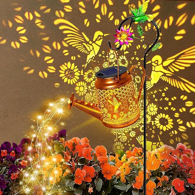Solar Lanterns Outdoor Waterproof, Gift for Mom Grandma Women Wife Daughter Mother's Day, Hummingbird Sunflower Watering Can lights with Shepherd Hook, Hanging Lantern, Solar Path Light Outdoor Decor