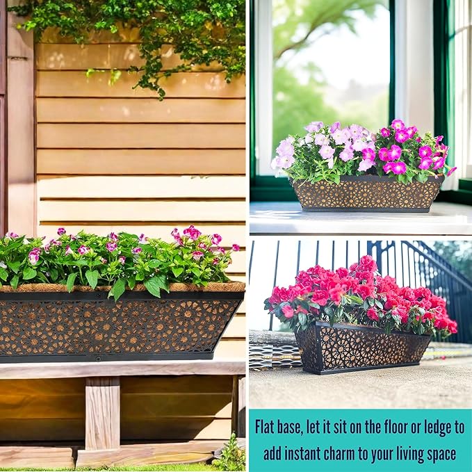 Railing Planter Window Boxes Round Hole Horse Trough Planter with Coco Fiber Liner Deck Balcony Rail Planters Black Metal Hanging Flower Planters Window Basket for Outdoor Porch (2 Pack, 24 Inch)