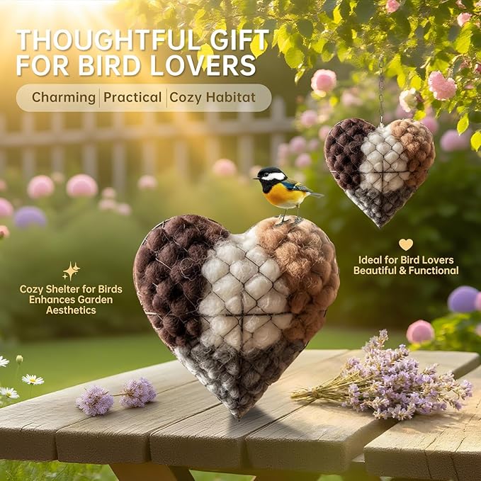 Handmade Alpaca Fiber Bird Nesting Heart – Refillable Bird Haven with 4 Nesting Material Refill Bags – Eco-Friendly Hanging Nest for Hummingbirds & Wild Birds, Garden & Yard Décor (2Sets)