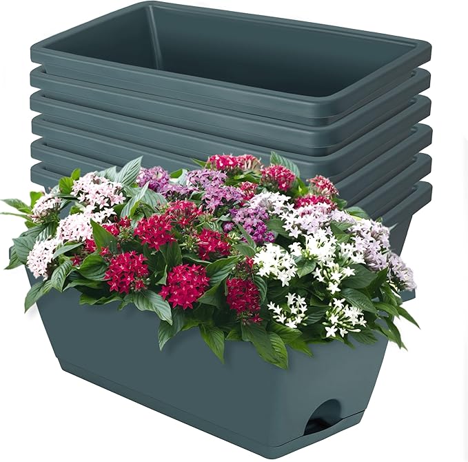 LOCONHA Window Box Planter, 7 Pack Plastic Vegetable Flower Planters Boxes 17 Inches Rectangular Flower Pots with Saucers for Indoor Outdoor Garden, Patio, Home Decor
