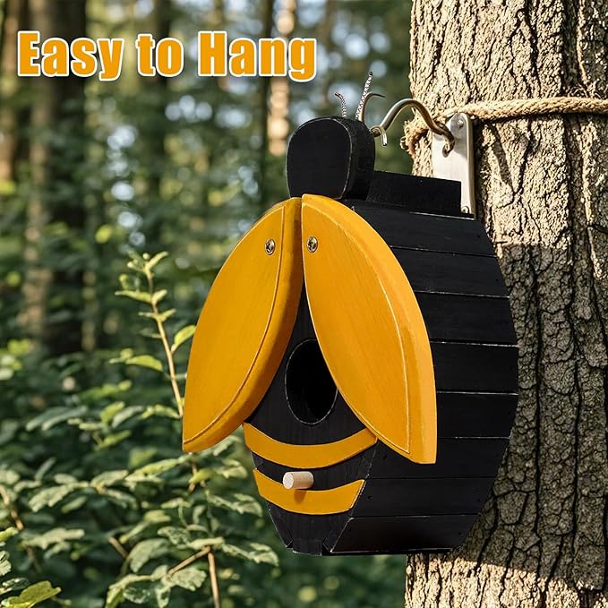 NATUREYLWL Bird Houses for Outside, Bee-Shaped Birdhouse Attracts Wild Birds (Bluebirds, Finches, Cardinals), Durable Wood Bird House with 4 cm Entrance Hole,Unique Garden Decor,Weather-Resistant