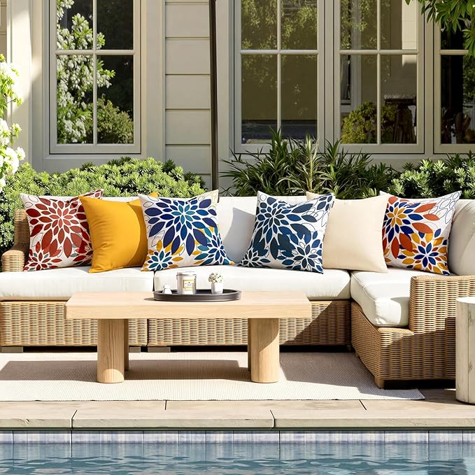 Floral Outdoor Pillow Covers Waterproof Spring Throw Pillow Cases Navy Blue 18x18 Inch Set of 2 Decorative Summer Cushion Covers for Patio Furniture Garden Bench Porch Sofa