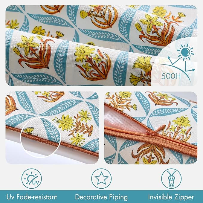 ANRODUO Floral Outdoor Pillow Covers 18x18 Waterproof Set of 2 Block Print Accent Decorative Cushion Cases with Refined Edge Piping for Spring Patio Porch Garden Couch Sofa Bench Decor Orange