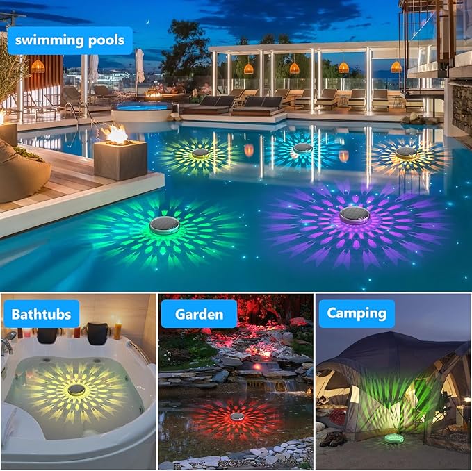 Kitloo Solar Rechargeable Floating Pool Lights(4 Pack), Pool Lights that Float with Remote Control, 9 Lighting, Timing Mode, IPX7 Waterproof for Inground Pool, Bathroom, Bathtub, Pool Party