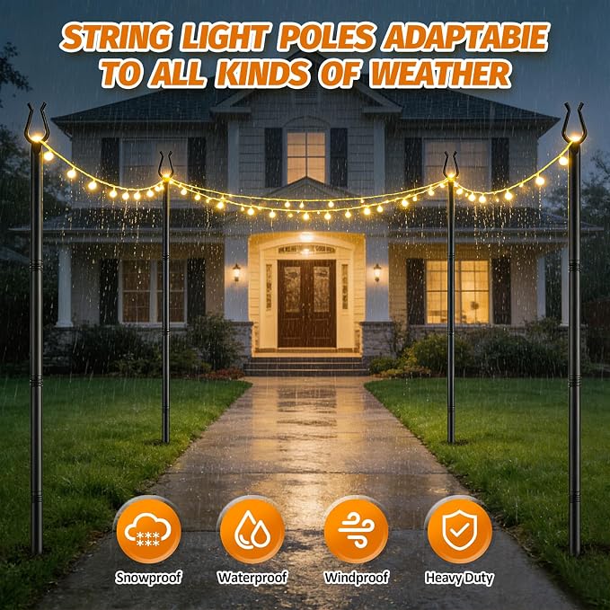 Aredy 2 Pack String Light Poles - 10FT Light Poles for Outside with Fork Base, Outdoor String Light Poles, Durable Poles for String Lights in Backyard, Deck, Garden, Wedding Events