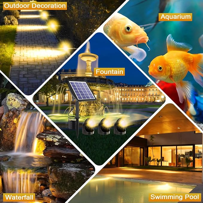 Solar Pond Lights, 3-in-1 Warm White Underwater Pond Lights, Smart Auto ON/Off Submersible LED Fountain Lights with 3-Brightness Modes, IP68 Waterproof for Pond, Garden, Patio, Pool, Waterfall Decor