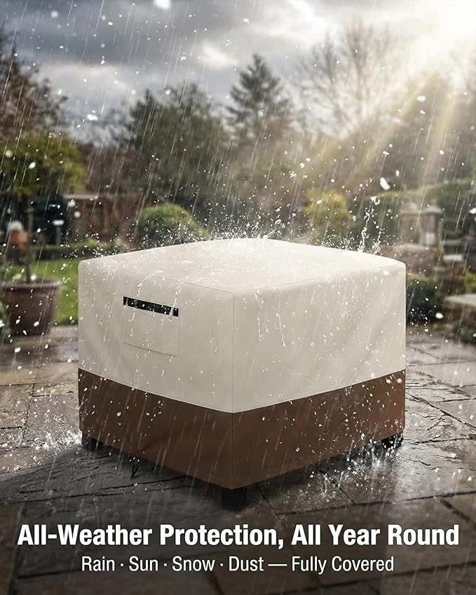 Waterproof Patio Ottoman Cover, Square Outdoor Side Table Furniture Cover with Padded Handles, 600D Heavy Duty Windproof All-Weather Patio Furniture Cover,UV Resistant, 32 x 32 x 18 Inch, Beige&Brown