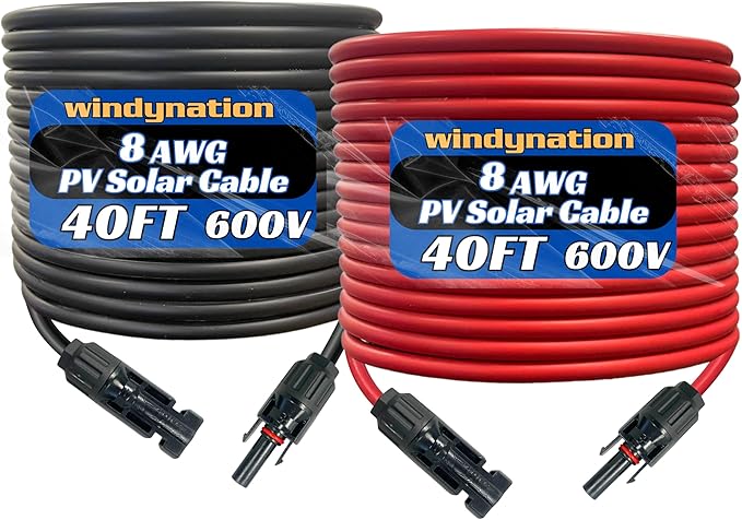 WindyNation 8 AWG 8 Gauge Pair 40 Feet Black + 40 Feet Red PV Photovoltaic Solar Panel Extension Cable Wire Solar Connectors (Variety of Lengths Available)
