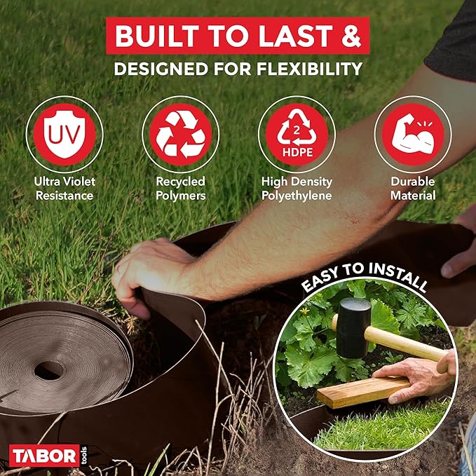 TABOR TOOLS 60 Ft Terrace Board, 5 Inch High, 0.1" Inch Thickness, Landscape Edging Coil, Grass Barrier, Bender Board, Garden Liner, ES35. (Brown)