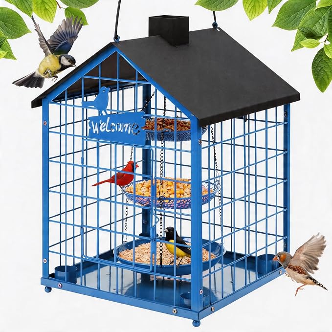 Bird Feeders for Outdoors, Metal Bluebirds Bird Feeder, Huge Caged Squirrel-Proof Bird Feeders with 4 Cups, DIY Wild Bird Feeders Outdoor Hanging, Attract Small Birds, 3 Layer Seed Tray (Blue)
