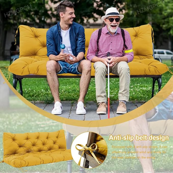 Premium 5" Thick Waterproof Outdoor Swing Cushions Sturdy Durable 2 Seat Replacement Porch Swing Cushions with Backrest&Ties Bench Cushion for Outdoor Furniture Backyard Patio (Yellow)