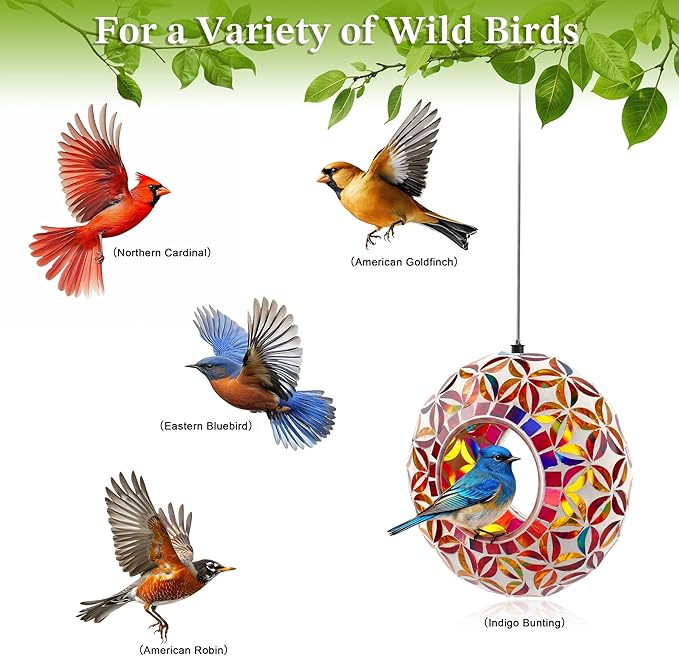 SAVENNA Mosaic Glass Hanging Bird Feeder, 6.3 Inch Handcrafted Outdoor Feeder with Steel Wire Rope, Decorative Garden & Patio Feeder for Wild Birds, Colorful Floral Mosaic Design