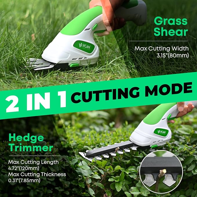 2-in-1 Cordless Hedge Trimmer, Handheld Hedge Trimmer & Cordless Grass Shear with 2.0Ah Rechargeable Battery and Type-C Cable – Electric Grass Trimmer for Garden, Yard, and Lawn