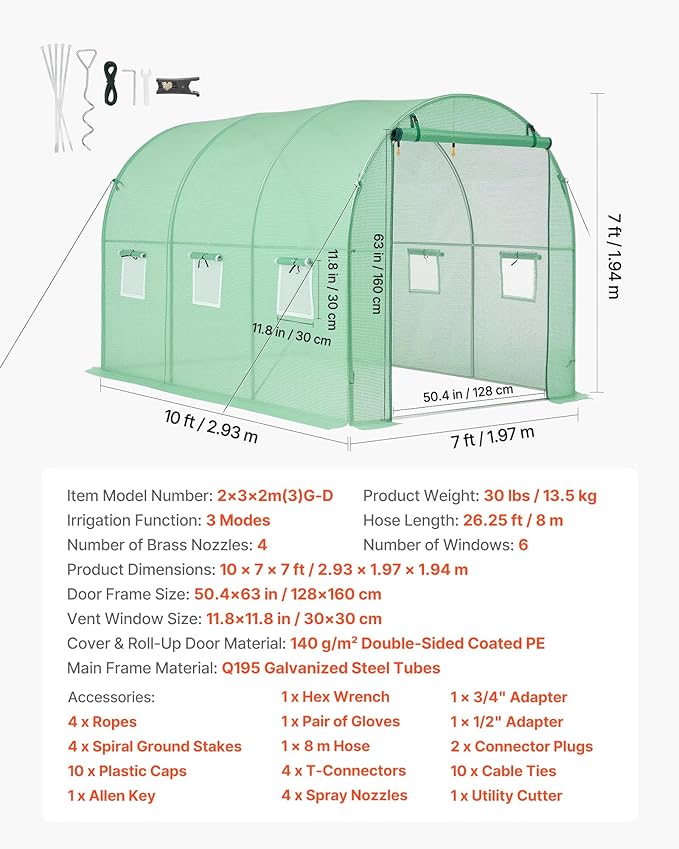 VEVOR Walk-in Tunnel Greenhouse, 10 x 7 x 7 ft Hoop House Greenhouse Tunnel with Watering System, Plant Hot House with Steel Frame, PE Cover, Roll-Up Zipper Door and 6 Windows for Outdoors, Green