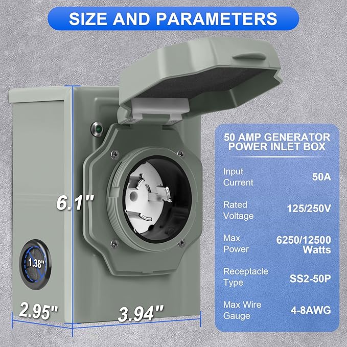 50 Amp Generator Inlet Box, NEMA SS2-50 Pre-Drilled Power Inlet Box for 3 Prong Generator Cord, 125/250V, 12500Watts Inlet Box with LED Power Indicator for Weatherproof Outdoor Use, ETL Listed